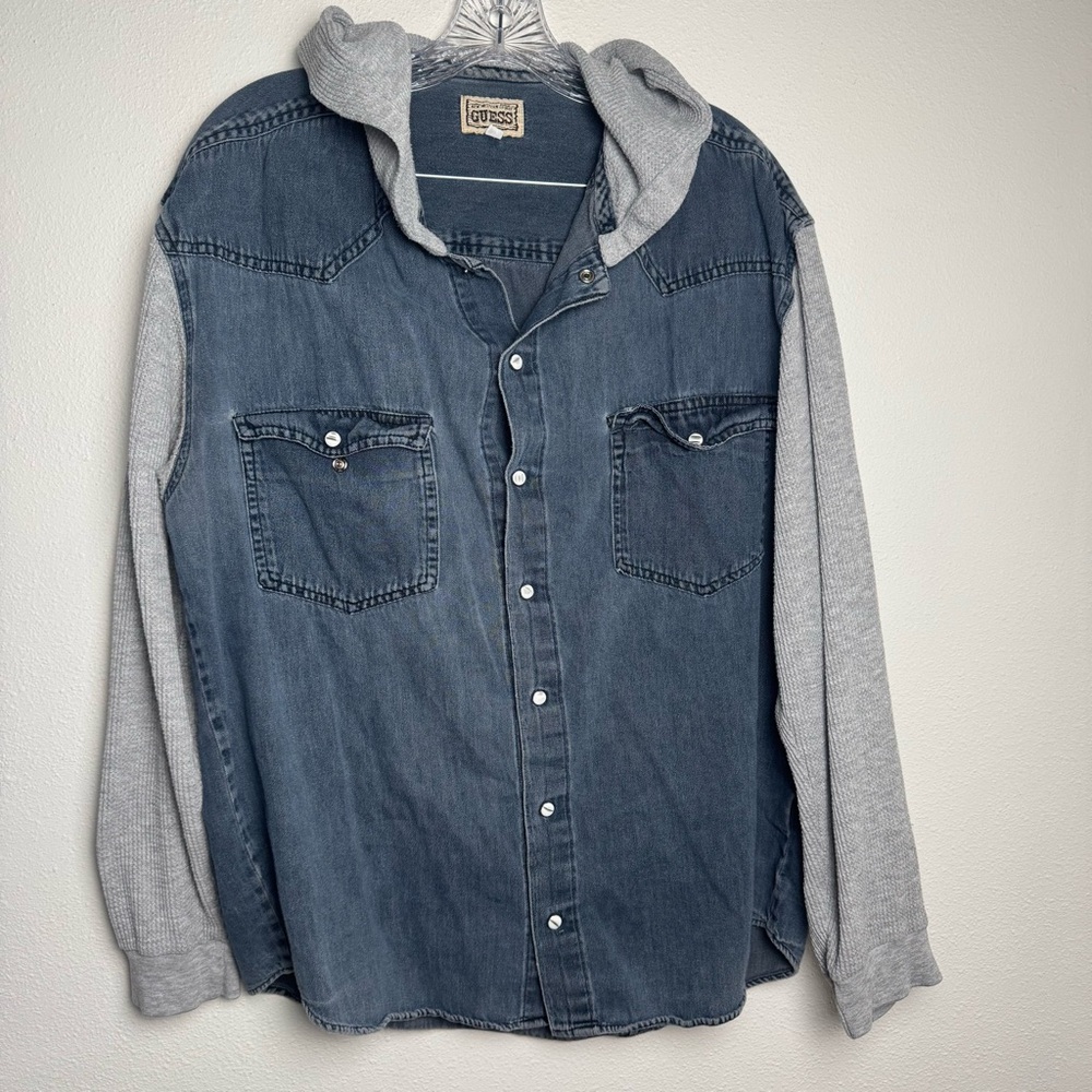 Guess Vintage Denim Shirt thermal hood Western grunge Cream Label oversized‎ 90s